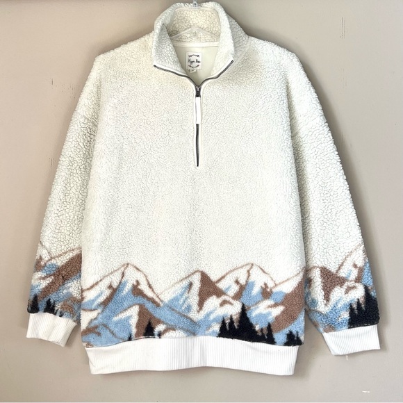 Hippie Rose Sherpa Western Pullover Cream Mountain Print Teddy Jacket SZ L - Picture 1 of 14
